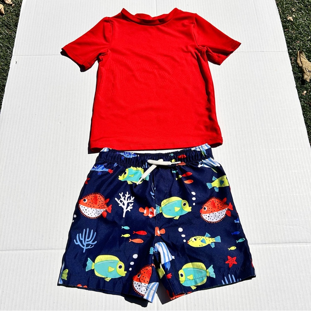 Gymboree Blue Rash Guar Fish Print Swim Shorts & Red Cat and Jack swim shirt